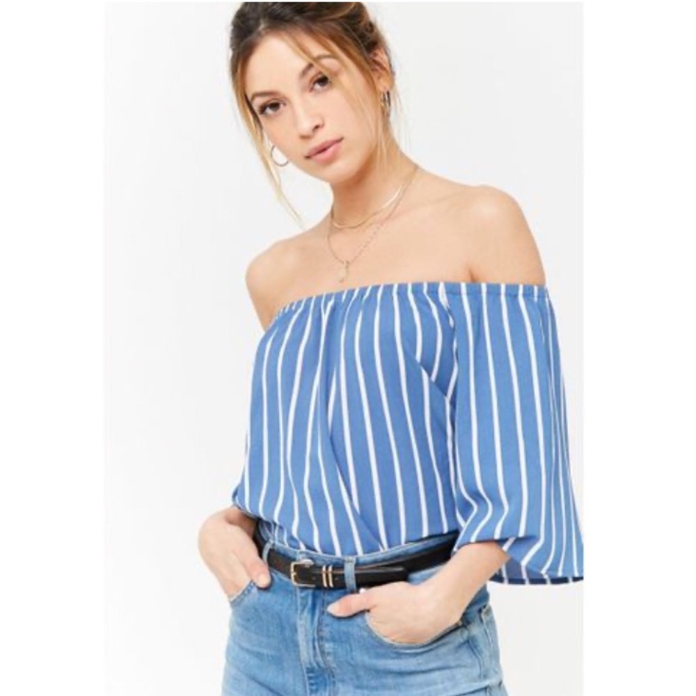 FOREVER 21 Off Shoulder Crop Top Blue & White Stripped